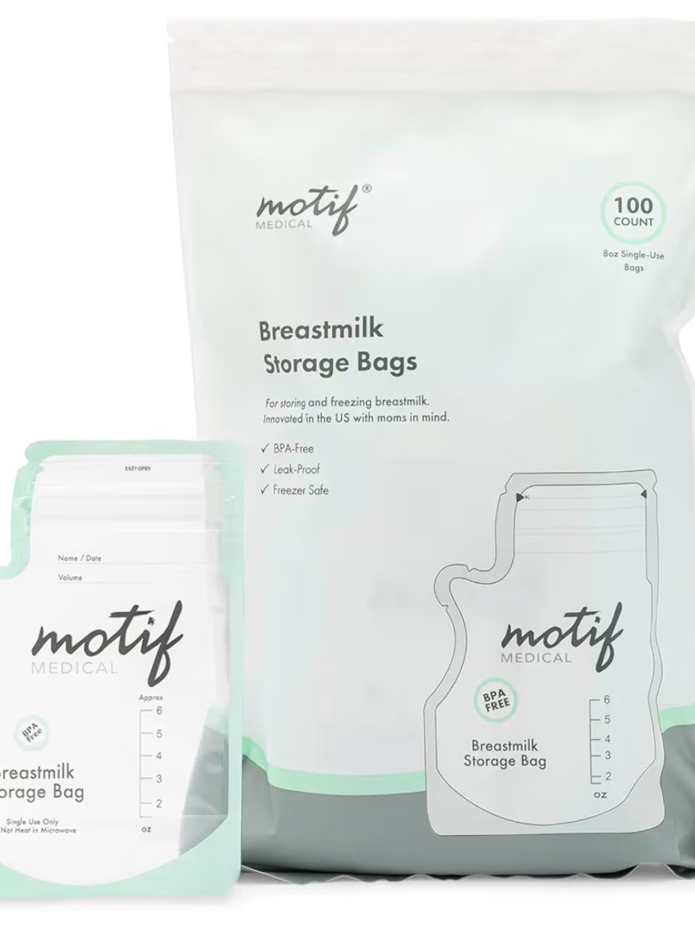 Motif Medical Breastmilk Storage Bags - Mint & White, 100 Count